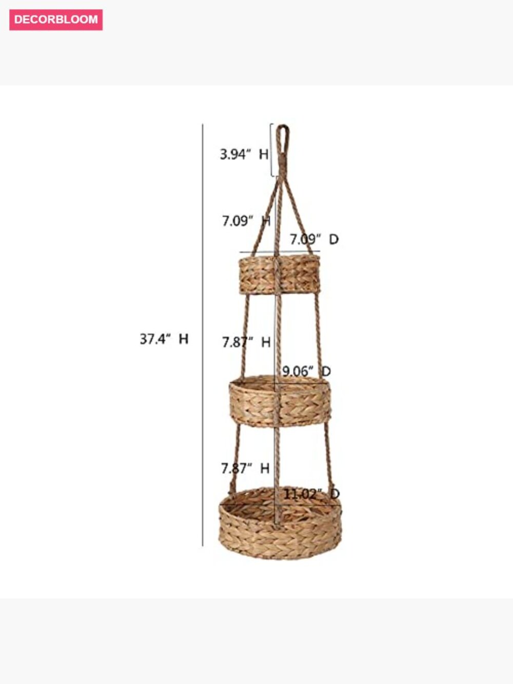 3 Tier Hanging Fruit Basket Handmade Water Hyacinth Wall Storage - Picture 3 of 7